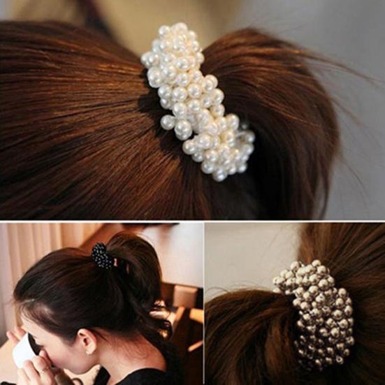 Fashion Women Faux Pearls Beads Hair Band Rope Scrunchie Ponytail Holder