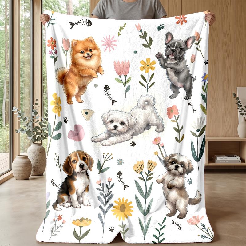 Floral Garden Pup Theme blanket Lightweight Warm Flannel Blanket Decorative Throw Blanket for Home Decoration