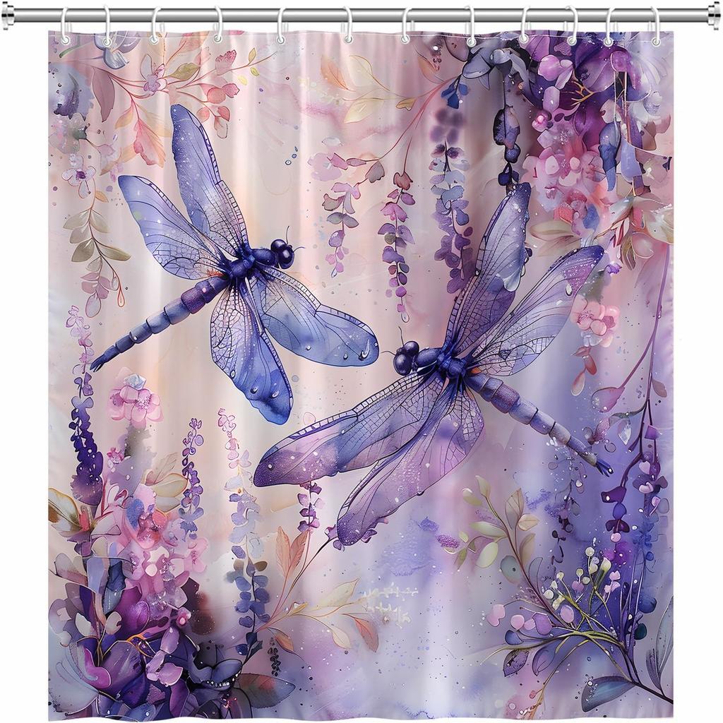 Dragonfly Shower Curtain Rustic Farmhouse Watercolor Floral Spring Purple Flowers Funny Polyester Bathroom Decor Curtains Set