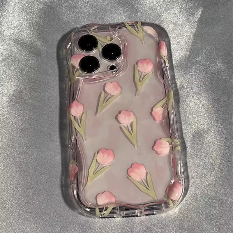 High End Style Niche Tulips Apple 14Plus Mobile Phone Case IPhone 13 Cream Pattern 14Pro Elegant and Beautiful