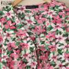 ZANZEA Damen Freizeit Schnürung V-Ausschnitt Langarm Blumenmuster Strickjacke Bluse