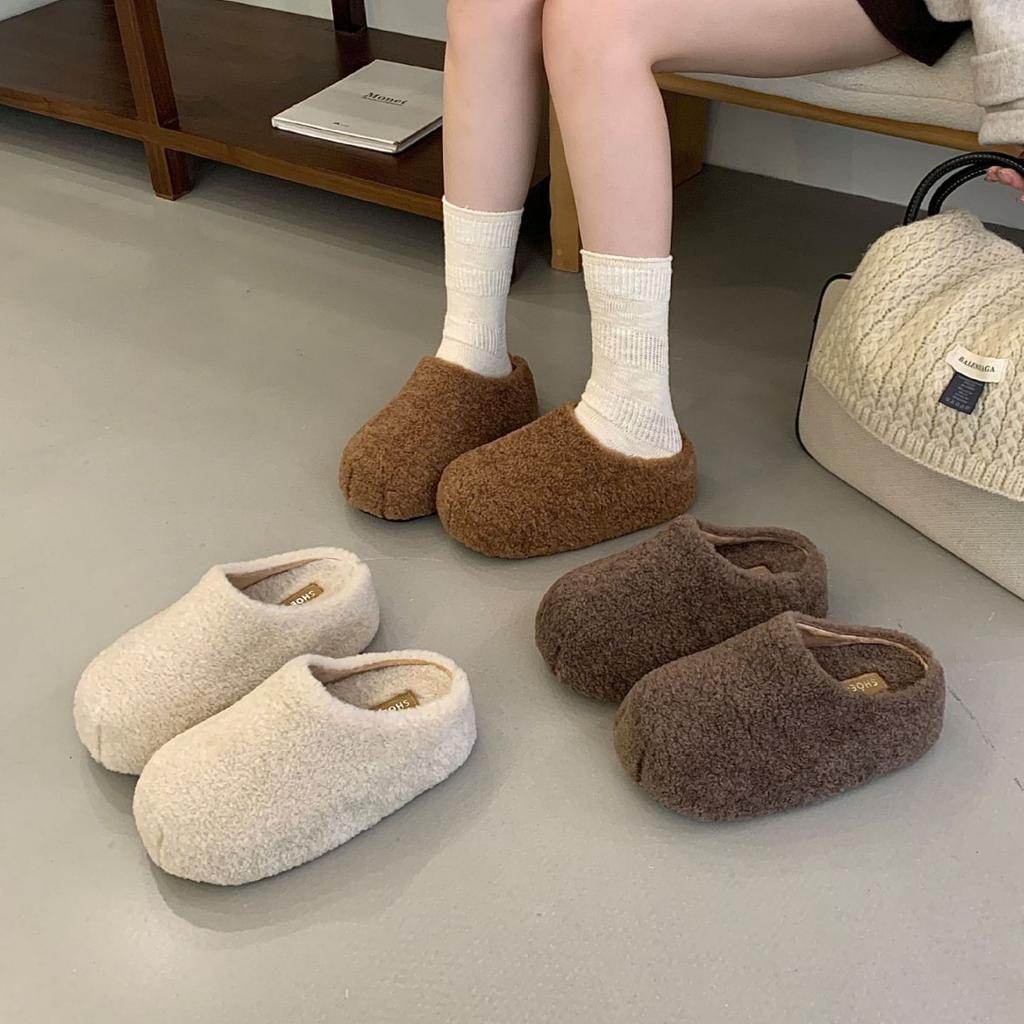 Thick-soled plush shoes slippers women's shoes wear 2025 new autumn and winter plush half-toboken shoes