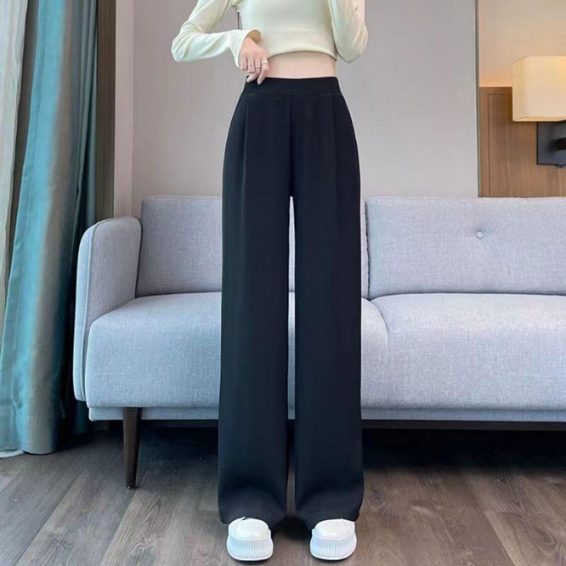 Women s High-Waisted Elastic Waist Wide Leg Pants With Pockets S чёрный
