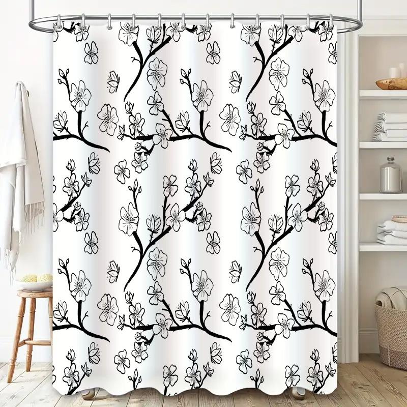 Tenda da Doccia Floreale Modello Botanico Bianco Nero Arredo Bagno Rivestimento Impermeabile Stile Rustico Fattoria Natura Appeso Artistico a Parete