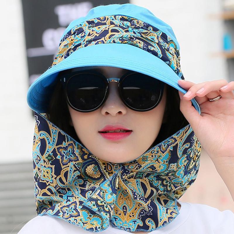 Women Summer Anti-Uv Sun Hat Outdoor Foldable Floral Print Caps Neck Face