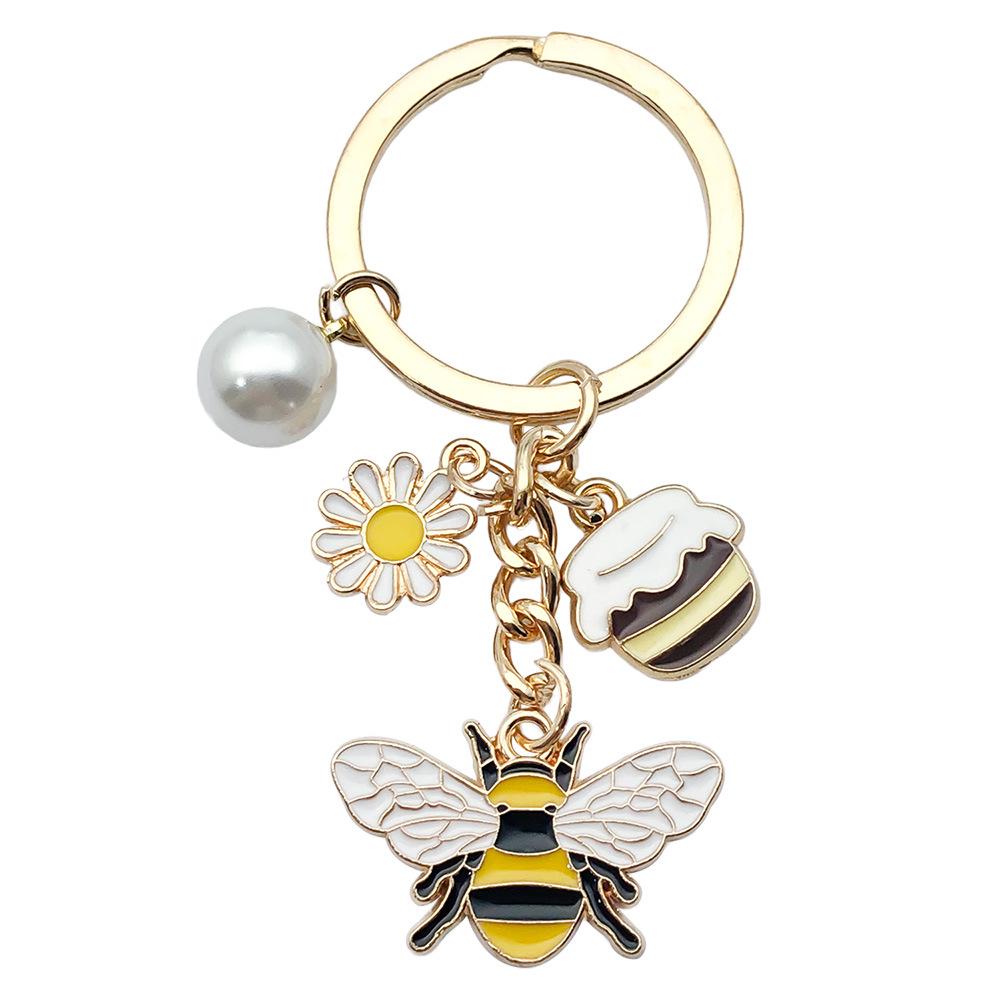 Personalized Pearl Bee & Sunflower Honeycomb Keychain Charm