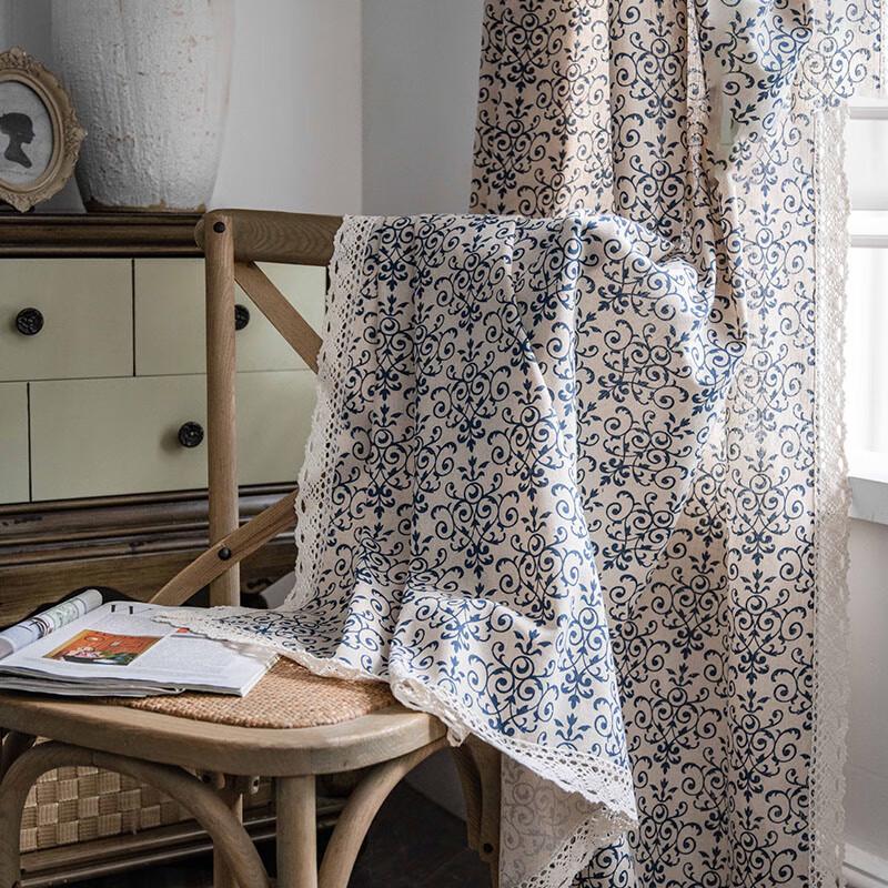 Сине-белая хлопково-льняная штора Jingga в новом китайском стиле с принтом под фарфор