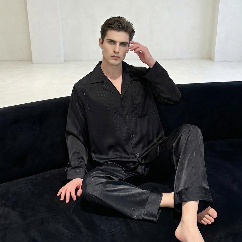 Ice silk couple pajamas women's spring and autumn simple high-end silver striped loungewear loose men's pajamas set