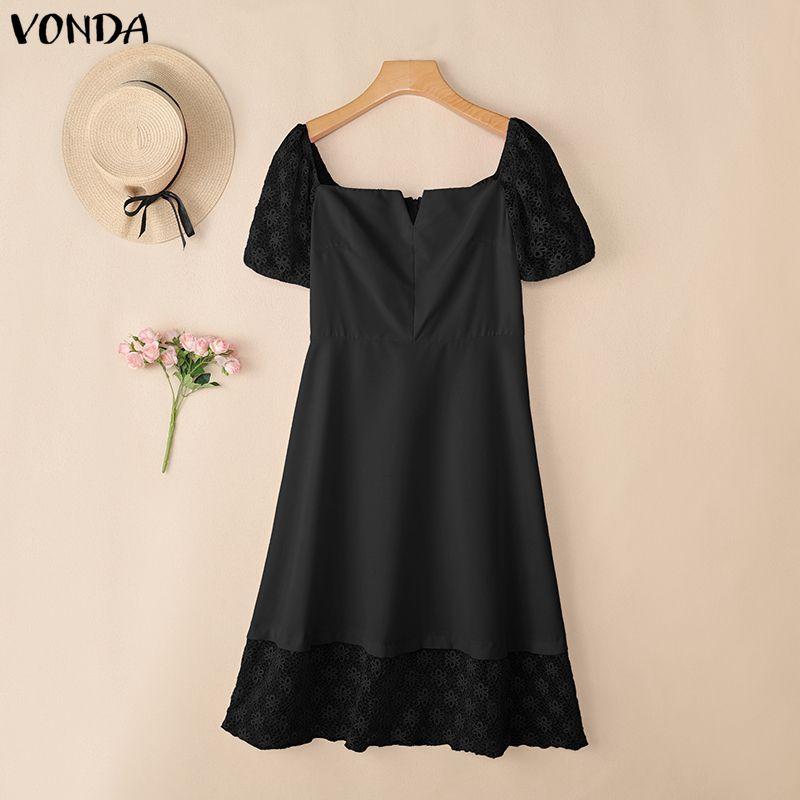 VONDA Women's Square Neck Elegant Lace Puff Sleeve Summer Dress A-Line Party Sundress