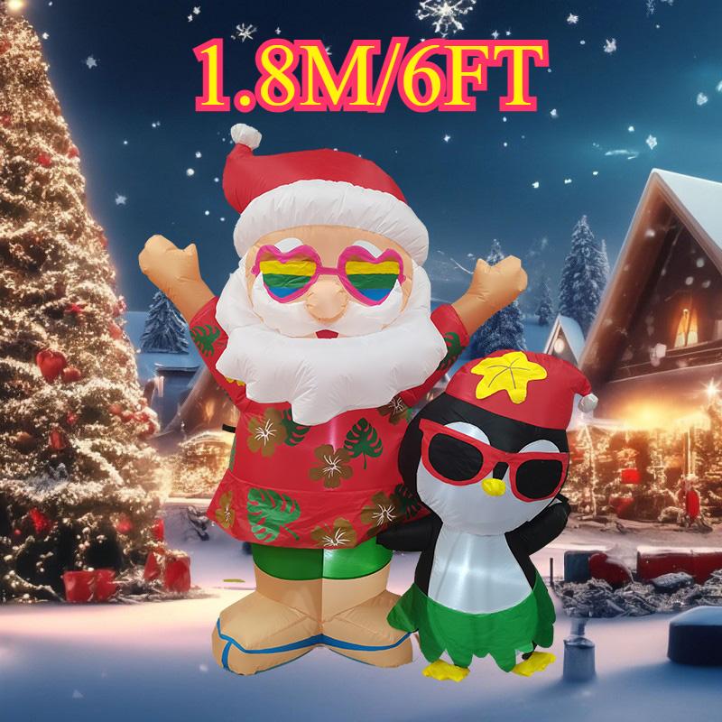 

Inflatable Toys 1.8M/6FT Christmas Decorations Hawaii Santa with Penguin with LEDs Model Party Prop Xmas Holiday Decor Ornaments EU Plug