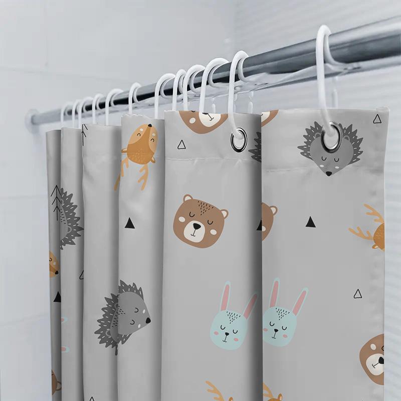 Adorable Animal Print Shower Curtain Set For Bathroom Decor Waterproof Fabric With Hooks Various Sizes Available (White)