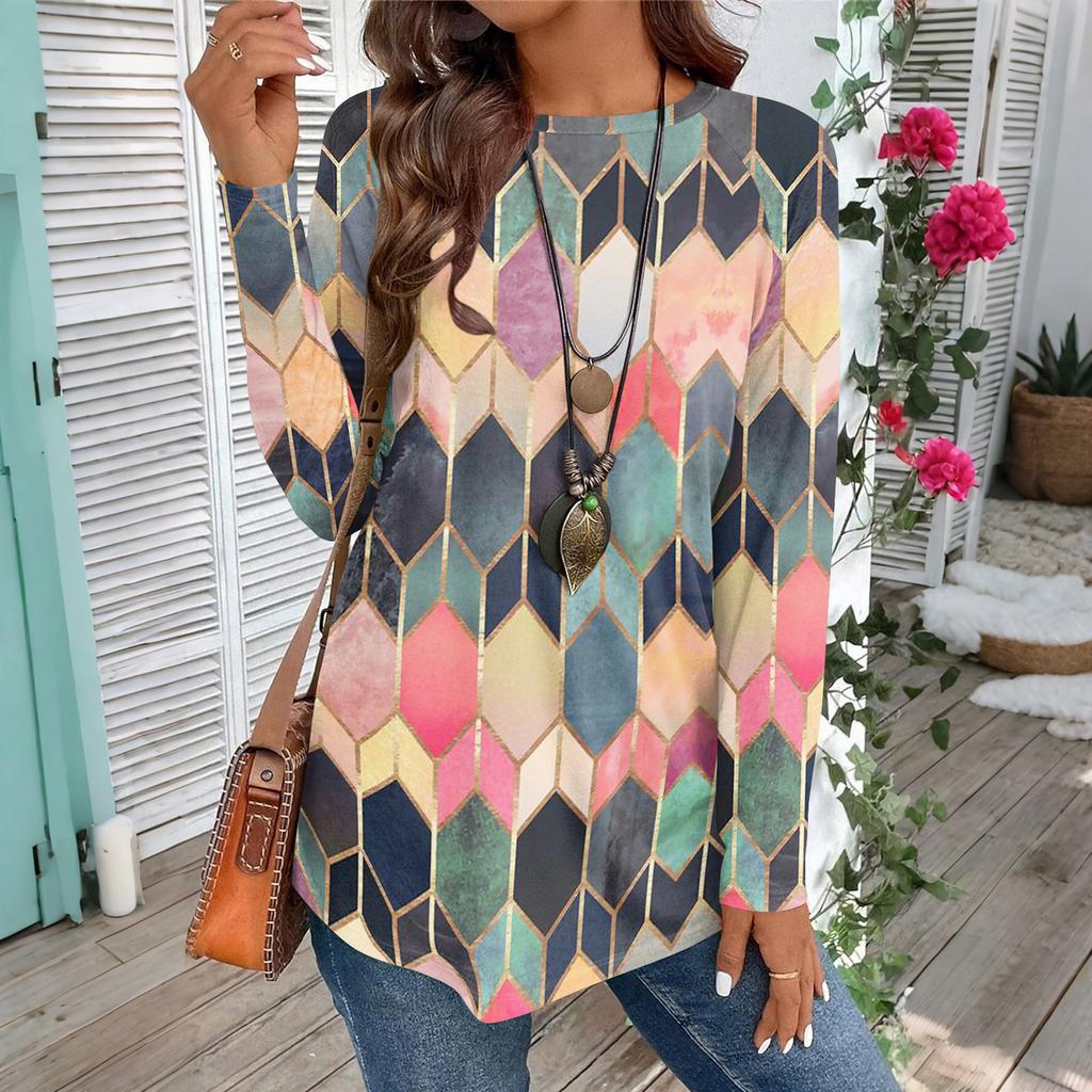 Women's Casual Plus SizeLong Sleeved Round Neck Vintage Ethnic Printing T-shirt Top Pullover