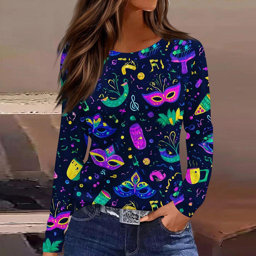 Women's Fashionable Carnival Print Round Neck Long Sleeve Top With Slit Hem