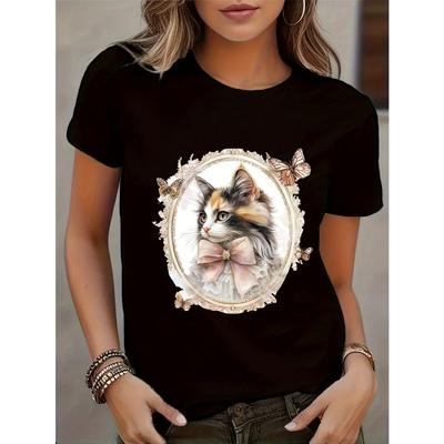 Women's Summer Printed T-shirt Short Sleeve Round Neck Cute Cat Pattern Fashion Pattern T-shirt