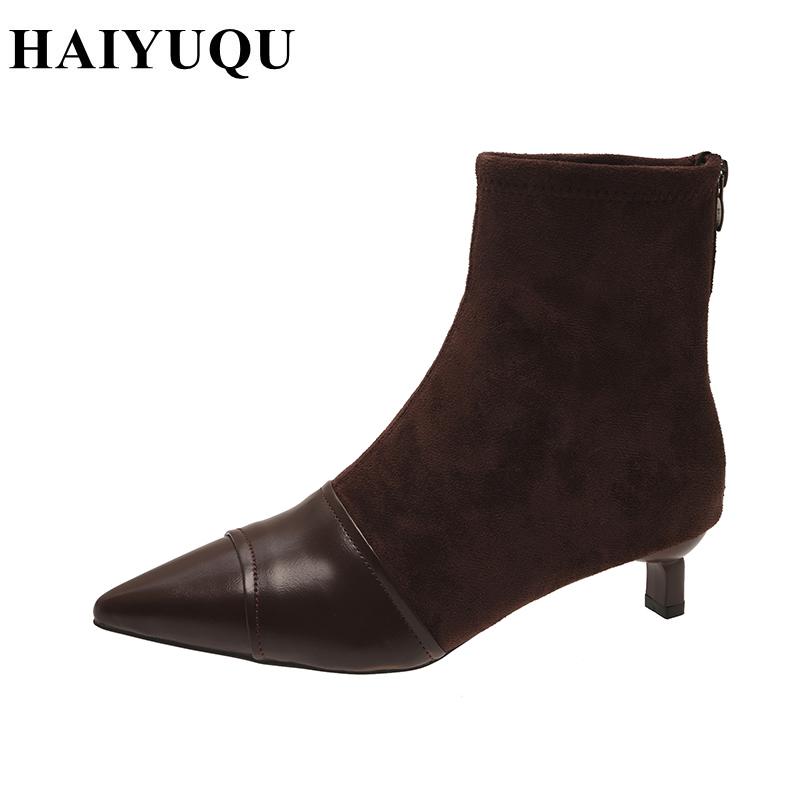 Winter Pointed Toe Women Suede Ankle Boots Stilettos Shoes  Brand New Sexy Fashion Chelsea Boots Dress Pumps Zip Botas Mujer