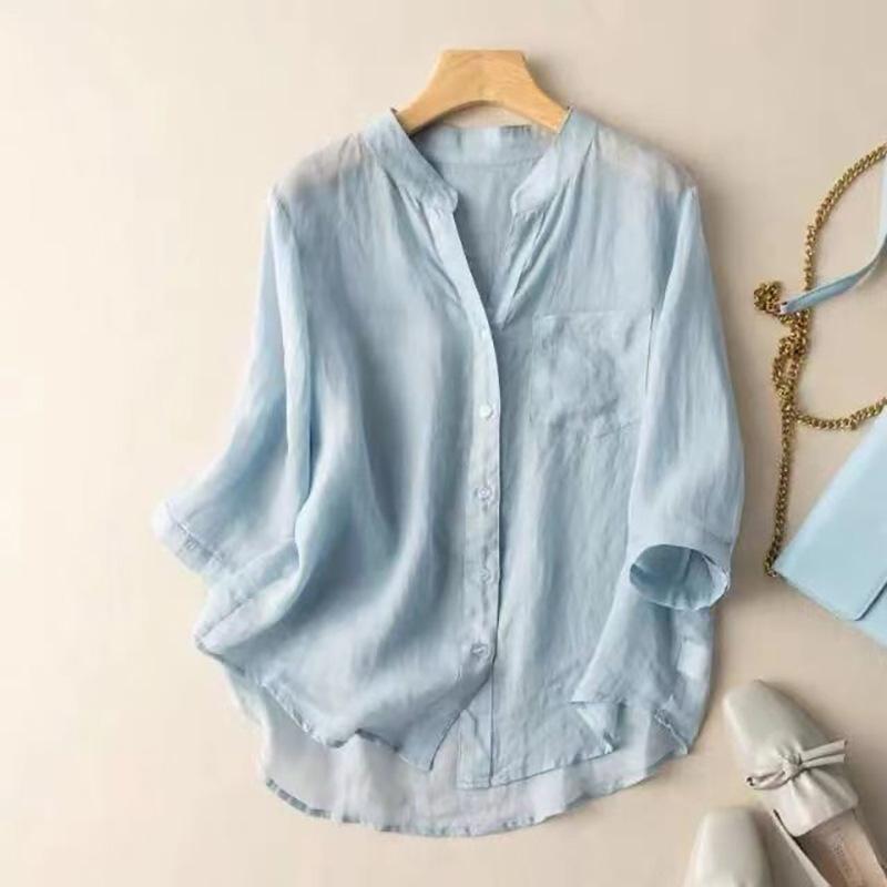 Temperament casual style literary retro solid color summer new thin cotton and linen shirt women's loose V-neck shirt women's clothing