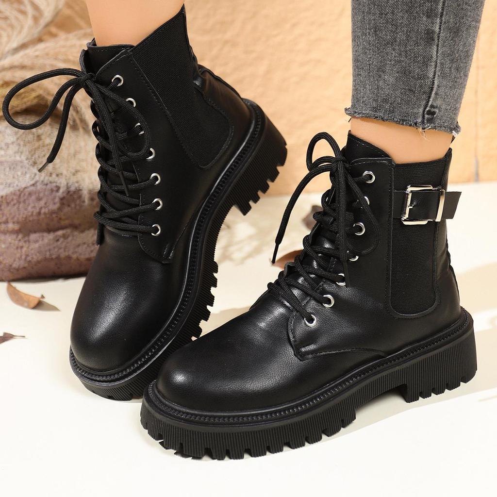 2025 Autumn Women's British Style Thick-Soled Plus Size Leather Buckle Lace-Up Ankle Martin Boots