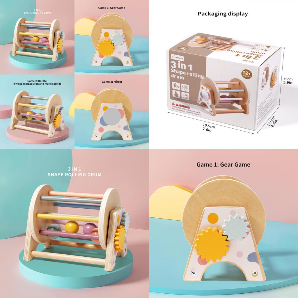 Wooden Montessori Threeinone Desktop Rattling Drum For Toddlers Educational Toy
