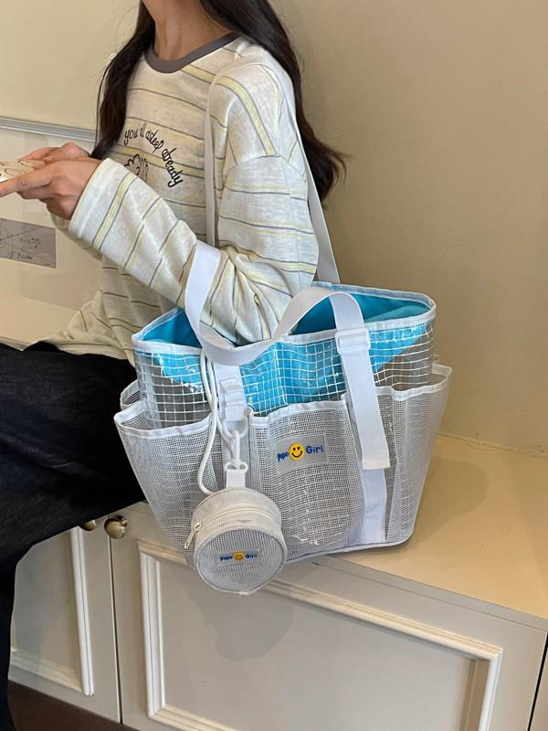 Dopamine Color Block Mesh Beach Bag – Large Capacity Travel and Swim Tote