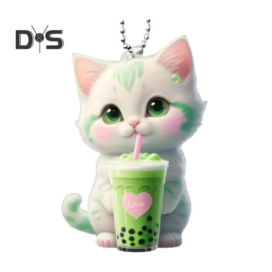 

Чай с молоком, кот, подвесное украшение с цепочкой из бисера, двухсторонний акрил, 2D мультяшный котенок, зеркало заднего вида для автомобиля, подвесной орнамент, кулон зелёный