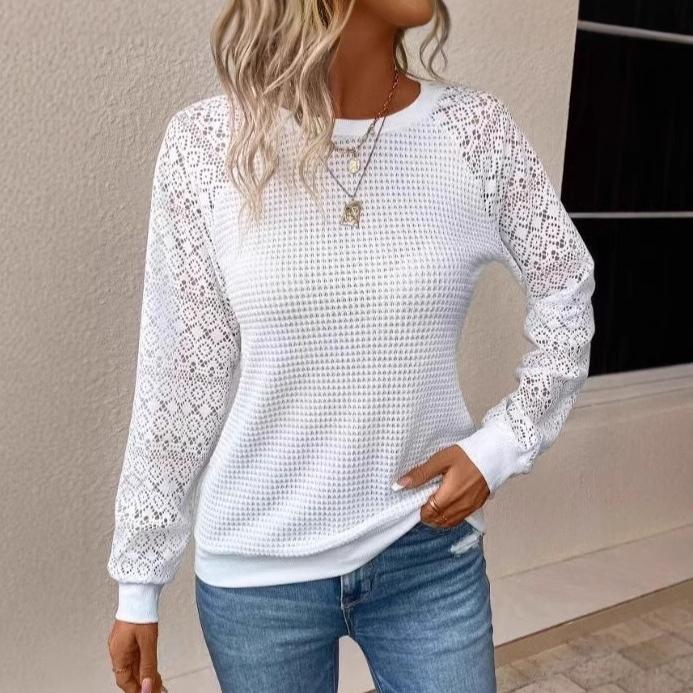 Damen Rundhals T-Shirt Spitze Langarm Ausgeschnitten Freizeit T-Shirt Top