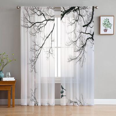Chinese Style Tree Winter Bird Reflection Sheer Curtains for Living Room Decoration Window Curtains Kitchen Tulle Voile Curtains