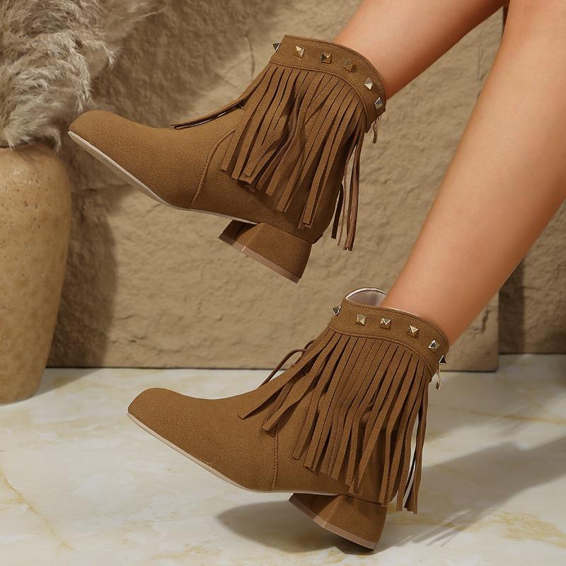 

2026 Autumn and Winter New European, American and British Style High Heel Middle Tube Block Heel Tassel Women s Booties 35