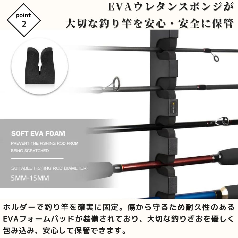 PLEAVIT Wall-Mounted Fishing Rod Stand, Fishing Rod Rack, Rod Holder, Holds 6 Rods, Compact, Horizontal