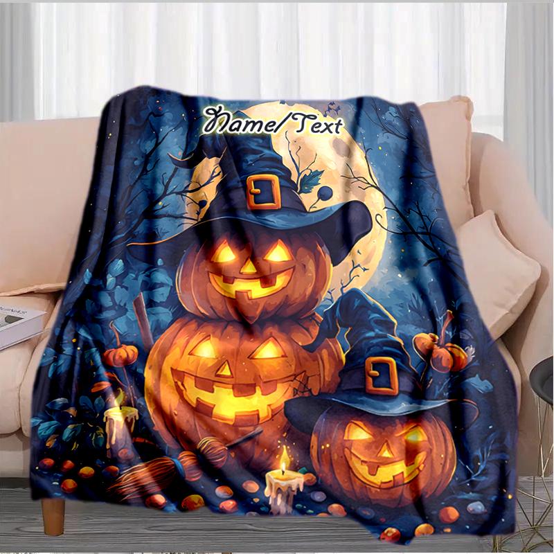 1PC Custom Name Halloween Night Jack-o'-Lanterns Outdooor Flannel Blankets Throw Blanket All-Season Throw Gift Bedspread for Couch, Bed, Camping Holid