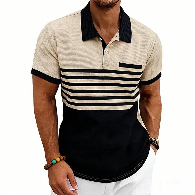 Mens Summer Casual Waffle Knit Striped Short Sleeve Polo Shirt S