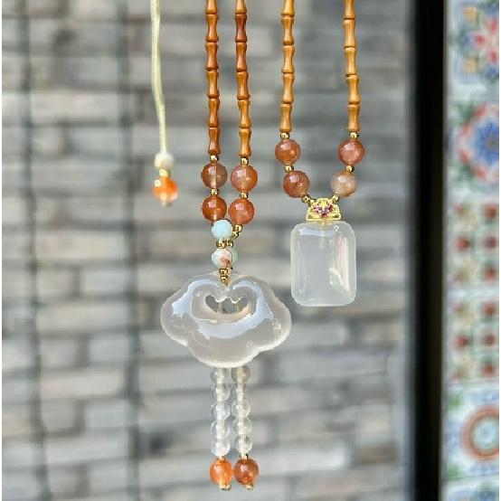 Natural chalcedony Ruyi lock pendant for peace and protection, Christmas and New Year's gift, handmade braided agate necklace for women