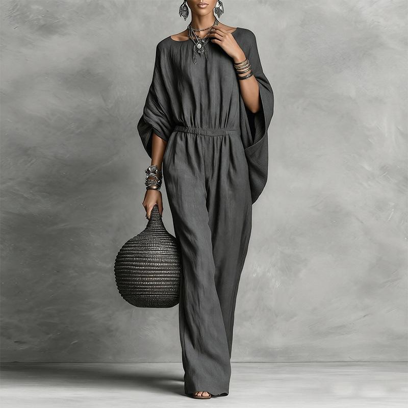Spring New Women's Clothing, European and American Jumpsuits, Commuting High Waist Solid Color Wide Leg Horn Sleeve Jumpsuit