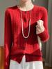 Women's Red 100% Pure Wool Cable Knit Cardigan Sweater - Loose Fit, Round Neck, New Year Style