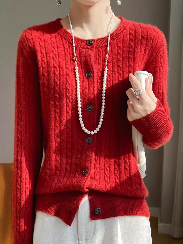Women's Red 100% Pure Wool Cable Knit Cardigan Sweater - Loose Fit, Round Neck, New Year Style