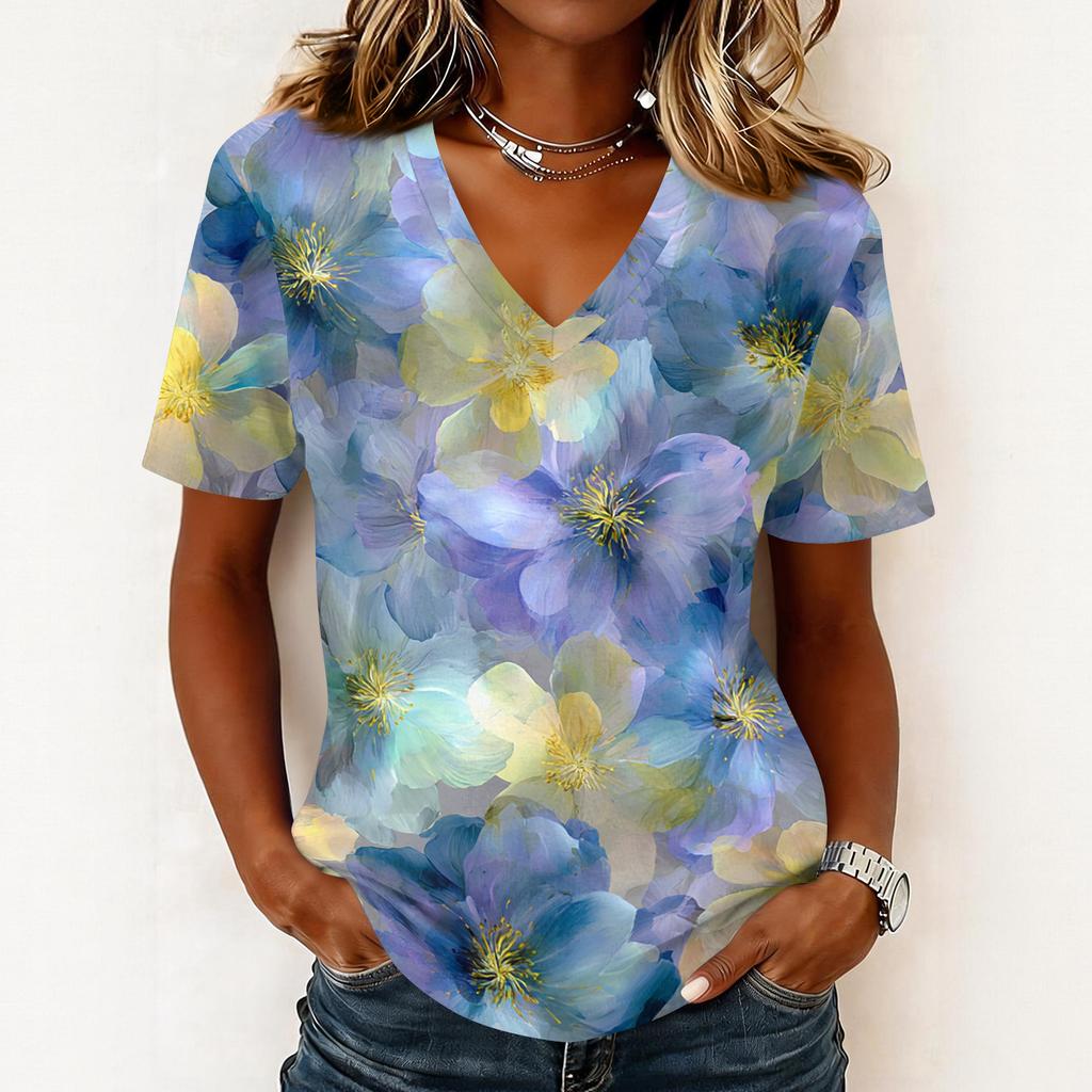 Women's fashionable casual short-sleeved floral print V-neck pullover top