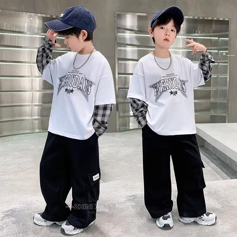T-shirt a manica lunga a strati in cotone pesante a quadri unisex - Stile casual coreano e americano