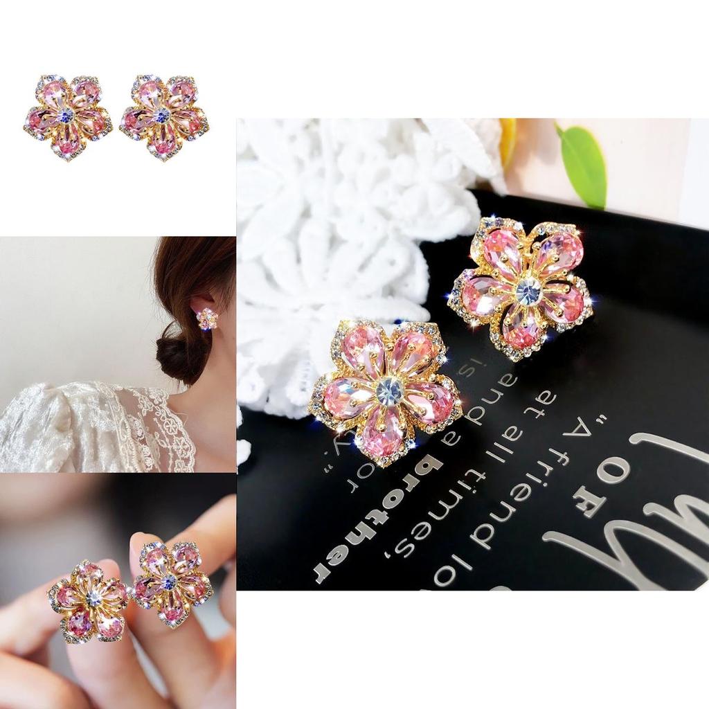 Floral Zircon Silver Needle Earrings With Rose Design For Elegant Women