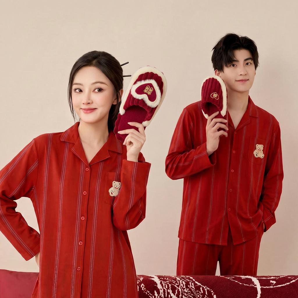 Wedding celebration red pair of cotton slippers antibacterial winter new wedding bride dowry couple hairy cotton drag