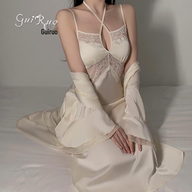 Pure Desire Ice Silk Nightdress Set: Rose-Inspired Lingerie with Deep V Neckline and Breast Pads, Comfortable Outer Robe - Model Z4553