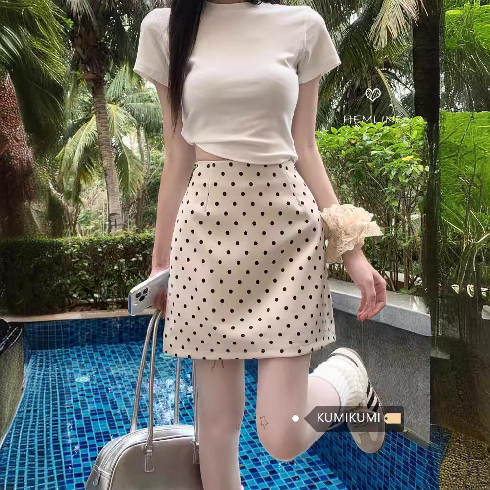 Women's 2024 Retro Polka Dot High Waist Midi Skirt - Slimming, Versatile A-line Design for Summer