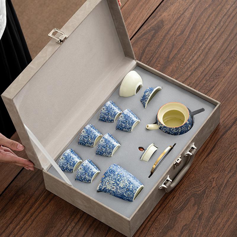 

Ru Kiln Ancient Rhyme Kung Fu Tea Set Household Light Luxury High-end Ceramic Cover Bowl Teapot Teacup Complete Set High-end Gift Box