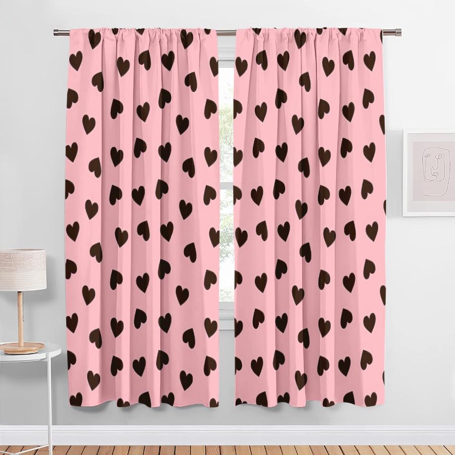 2PCS Pink Brown Heart-shaped Curtains   Sweet and Cool Style   Bedroom and Living Room   Decorative Curtains with Drawbar Pockets