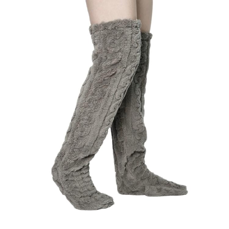Womens Over Knee Fuzzy Stockings Cable Pattern Furry Fleece Thigh High Long Socks Winter Leg Warmer Slipper Stockings