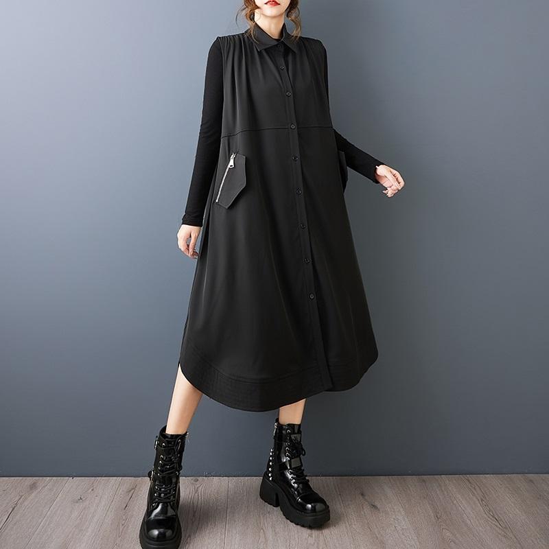 Sleeveless Plus Size  Vintage Black New In Tank Dresses for Women Casual Loose Long Spring Autumn Shirt Dress