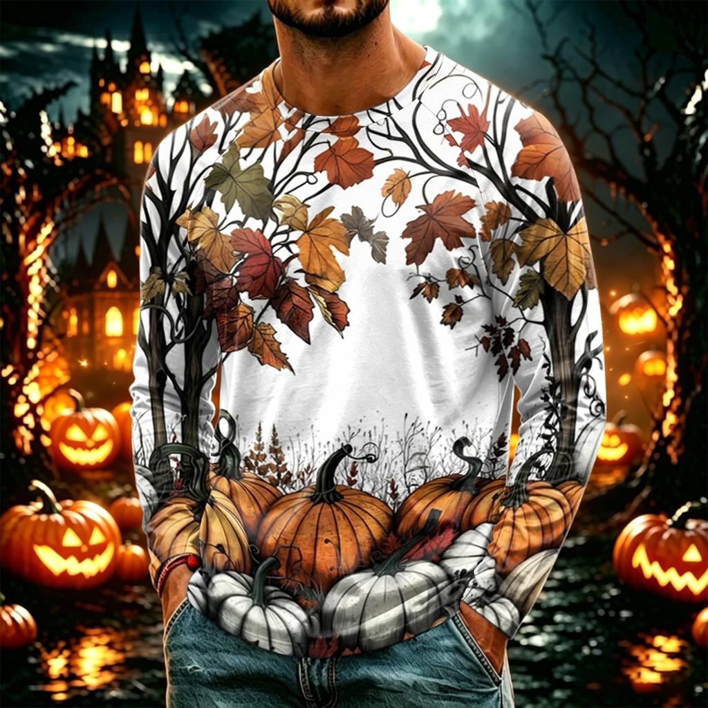 Men's Casual Long Sleeve Halloween Printed T-Shirt, Lightweight Neck Top for Daily Wear