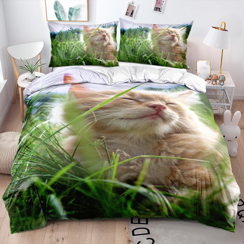 3D Animal Bedding Set Cat Down Duvet Cover Pillowcase 2/3pc Soft Quick Drying Home Textile Single Double Bed All Sizes