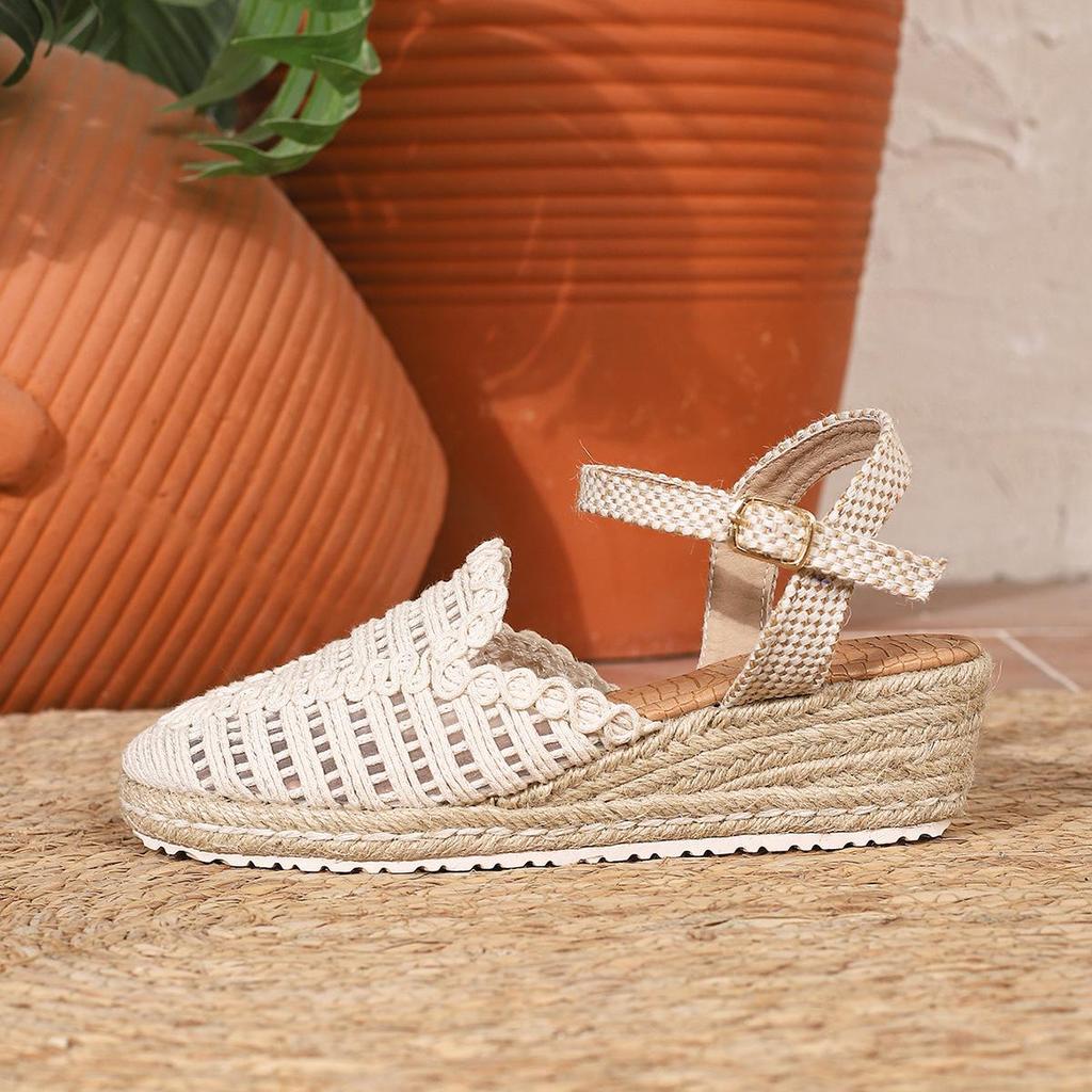 Spring Roman-Style Wedge Sandals - Round Toe, Thick Sole, PU Finish