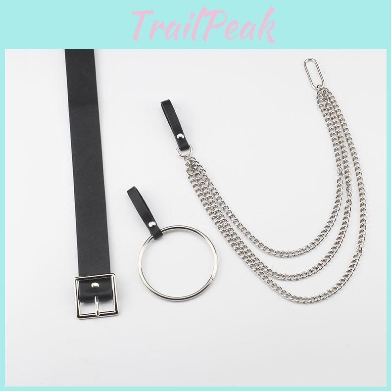 Women Fashionable Black Waist Belt With Circular Ring And Chain Tassel Daily For