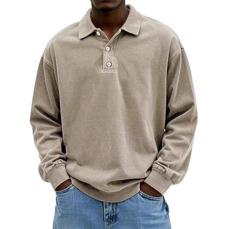 Men's Long Sleeve Polo Shirt Button Collar Relaxed Fit Casual Everyday Top