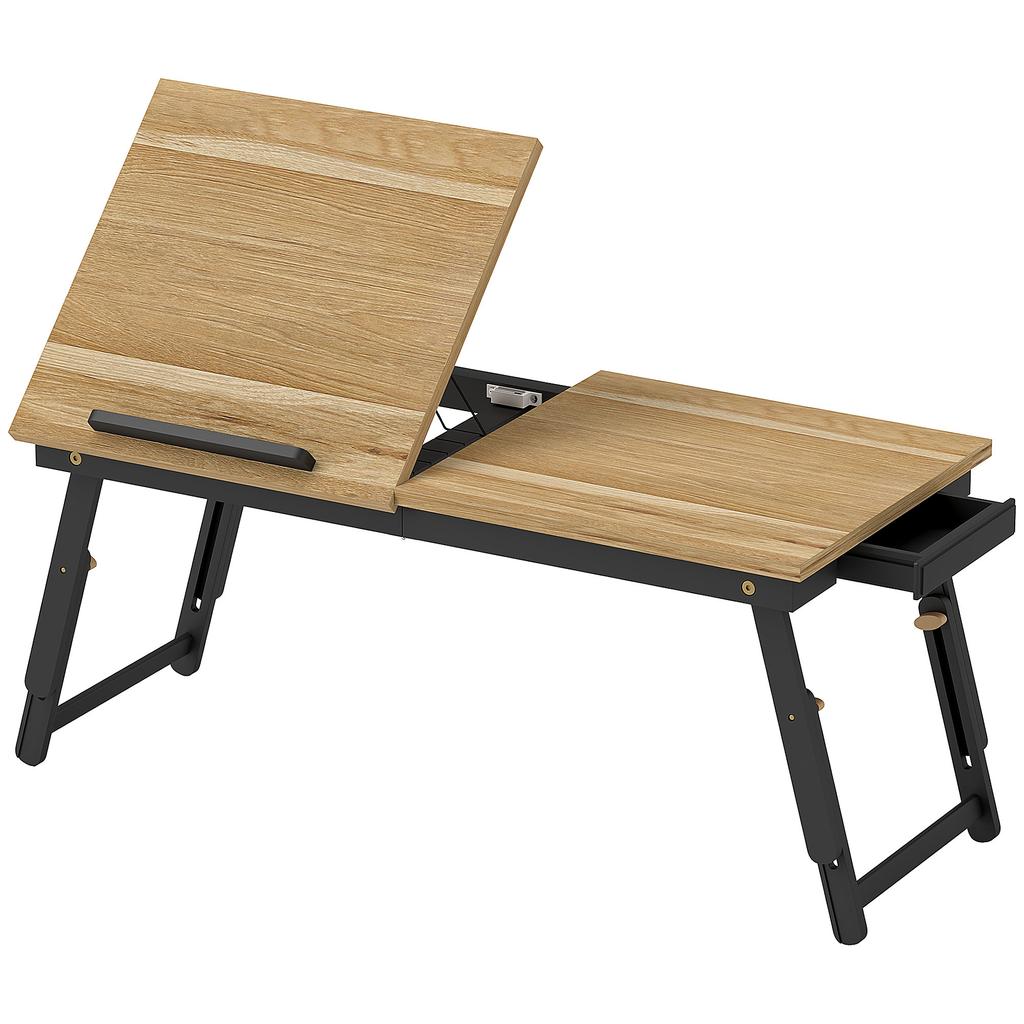 Bed Table, Height-Adjustable Laptop Table with Drawer, Foldable, for Sofa Working In Bed, Oak